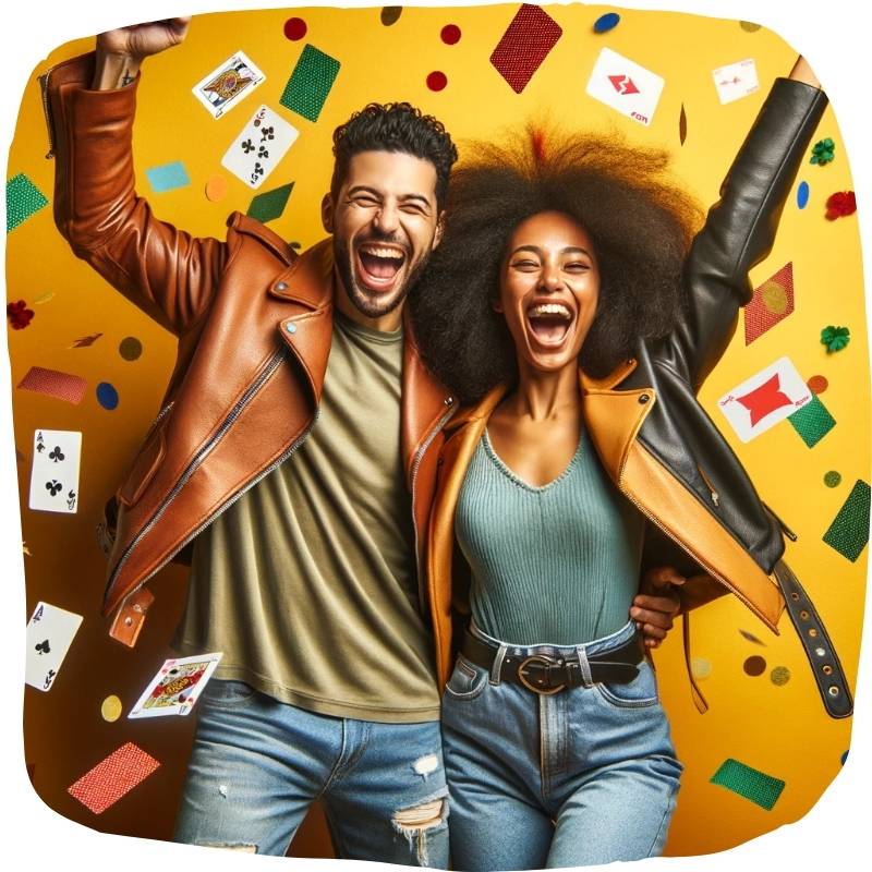 Deux professionnels souriants levant les bras en signe de réussite, symbolisant la satisfaction et la performance commerciale obtenues grâce à l’accompagnement Stratéliance en prospection et vente avec le soutien de l’IA.